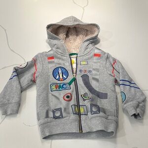 Mini Boden gray space astronaut fleece lined hooded sweatshirt size 2-3 🚀🧑🏼‍🚀